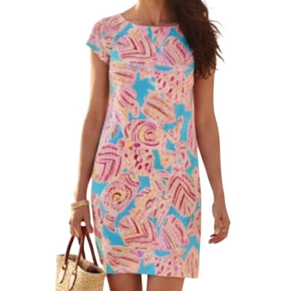 Lilly Pulitzer Shift Dress Aqua Blue Pink Orange Fish Print Women's Small